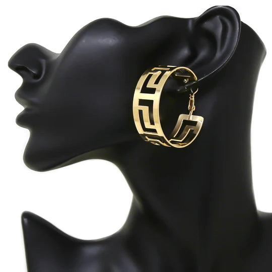 Greek Pattern Cutout Metal Hoop Earrings