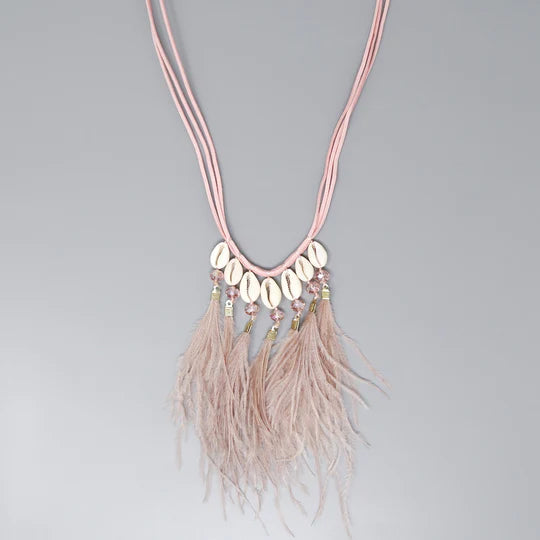 Cowrie Shell Feather Fringe Long Necklace