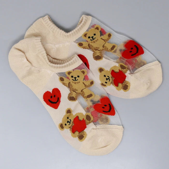 Teddy Bear & Heart Print Sheer No Show Cotton Socks
