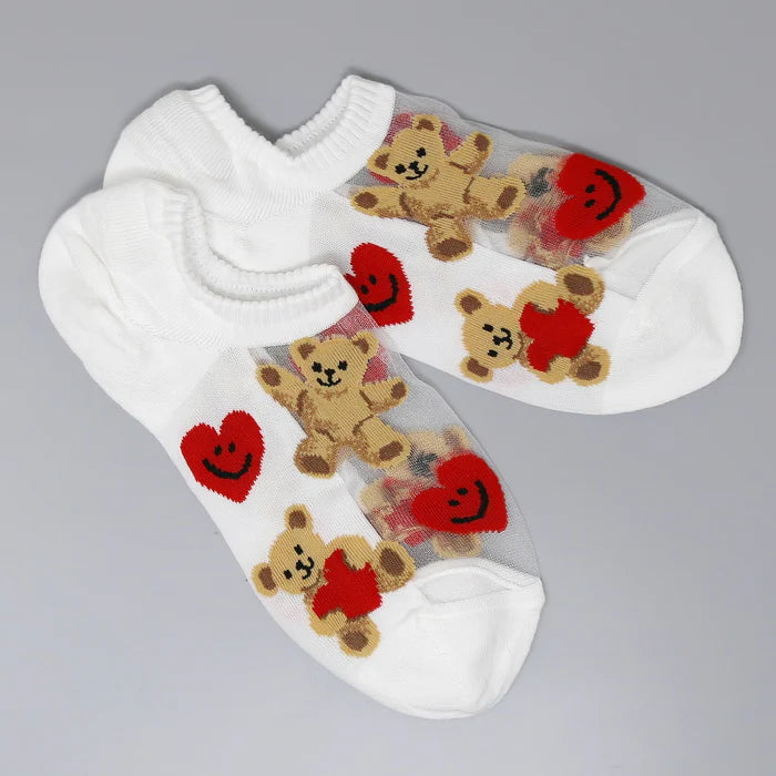 Teddy Bear & Heart Print Sheer No Show Cotton Socks