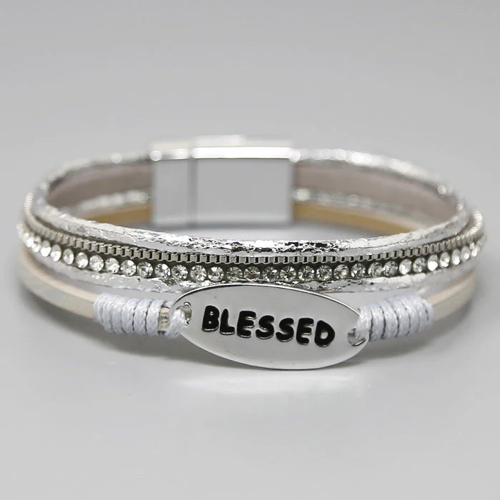 BLESSED Engraved Charm Leather Magnetic Bracelet