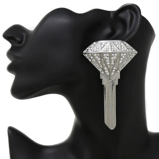 Oversize Diamond Key Glass Stone Pave Earrings