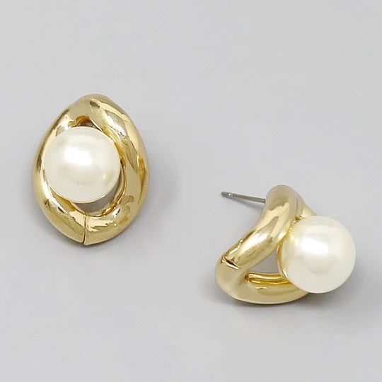 Pearl Detail Oval Hoop Stud Earrings