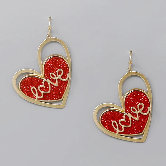 Love Glitter Heart Dangle Earrings