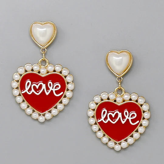 Love Pearl Trimmed Heart Dangle Earrings