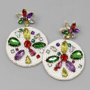 Mardi Gras Glass Stone Embellished Seed Bead Disc Earrings