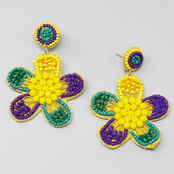 Mardi Gras Flower Seed Beaded Earrings