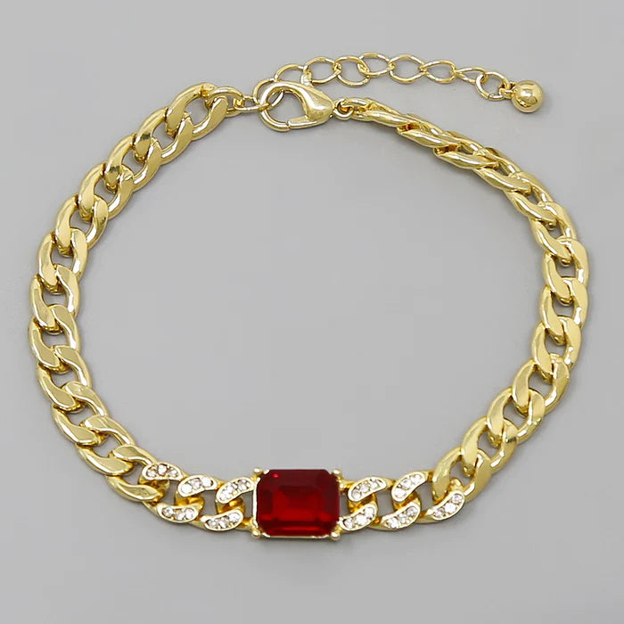 Emerald Cut Stone Charm Curb Chain Bracelet