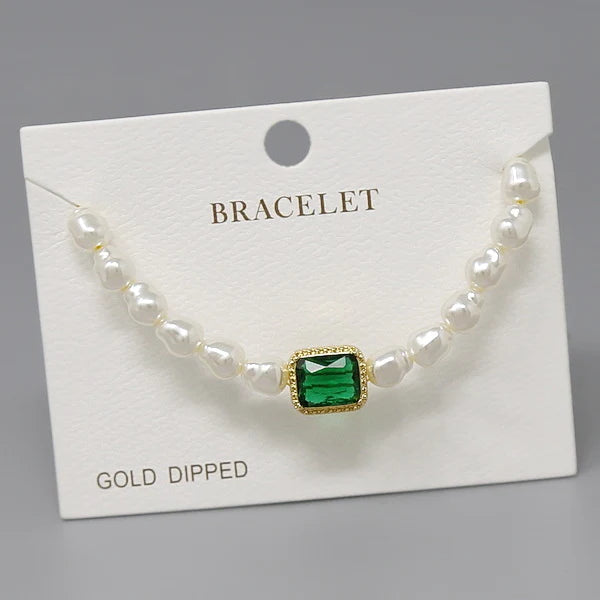 Emerald Cut Stone Pearl Beaded Bracelet