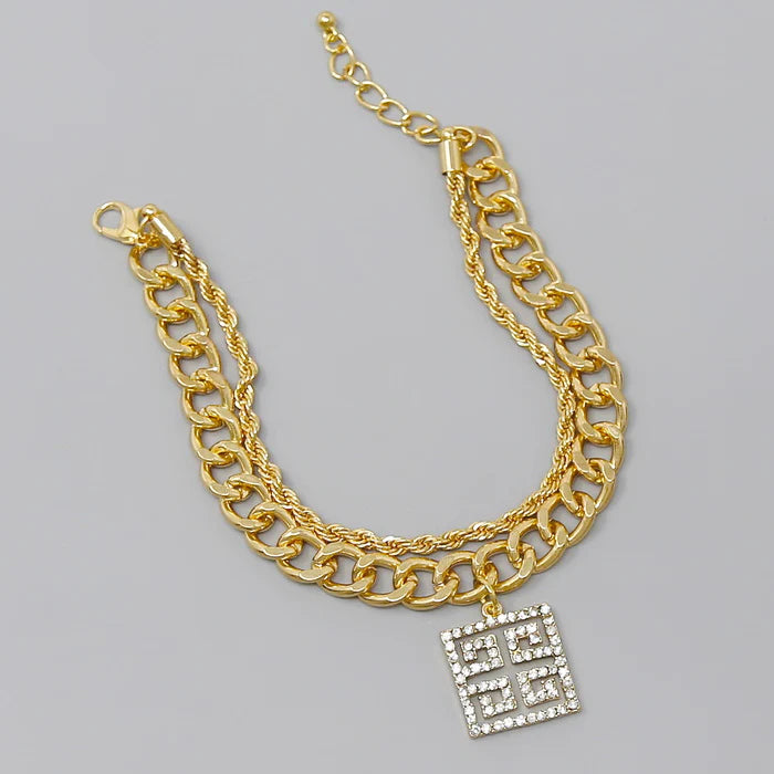 Greek Pattern Square Charm Rope & Curb Chain Bracelet
