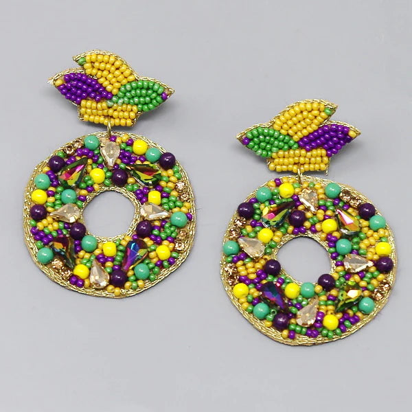 Mardi Gras King Cake Seed Beaded Earrings