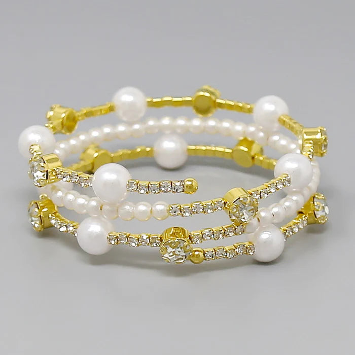 Pearl Station Rhinestone Wrap Statement Bracelet