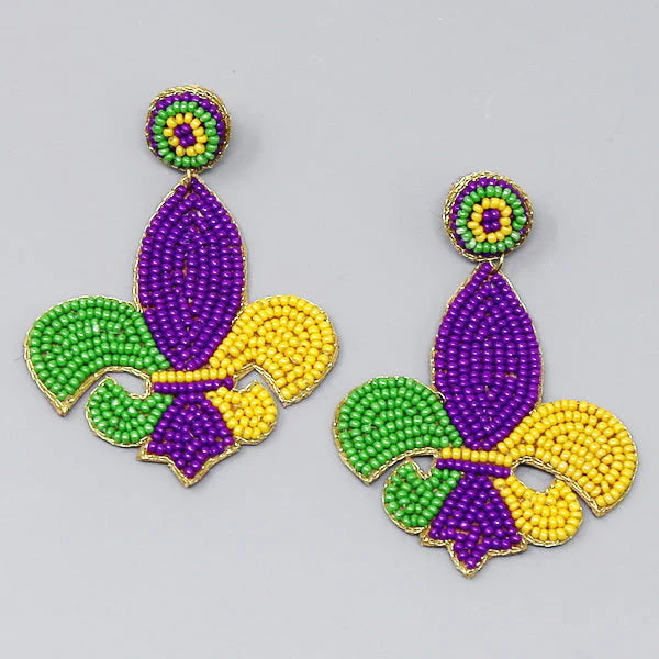 Mardi Gras Fleur De Lis Seed Beaded Earrings