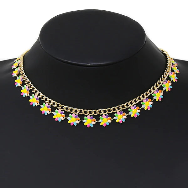 Enamel Flower Short Layered Necklace Set