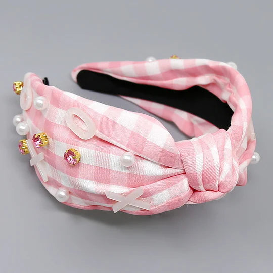 XOXO Embellished Front Knot Checked Headband