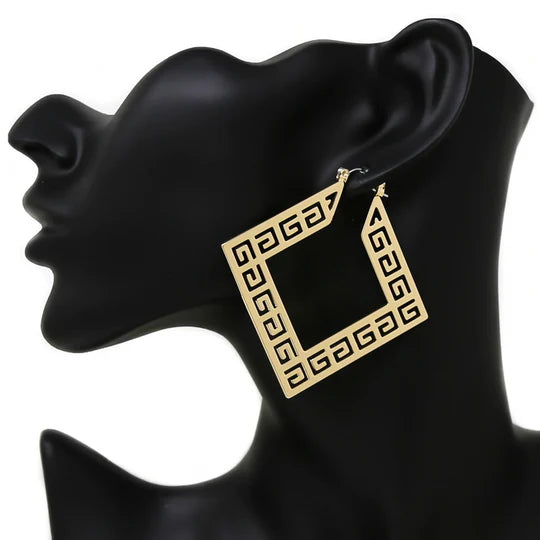 Greek Pattern Rhombus Metal Hoop Earrings (65 MM)