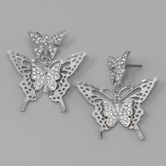 Glass Stone Pave Filigree Butterfly Drop Earrings