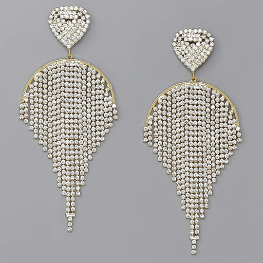 Heart With Fringe Glass Stone Pave Statement Earrings