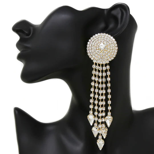 Glass Stone Pave Disc With Fringe Statement Earrings