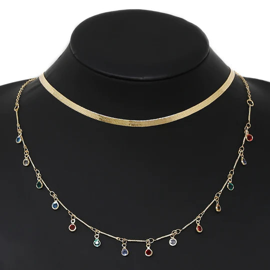 Multi Color Stone Station And Herringbone Chain Necklace Set