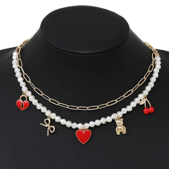 Heart Lock / Bow / Heart / Teddy Bear / Cherry Multi Charm Short Necklace