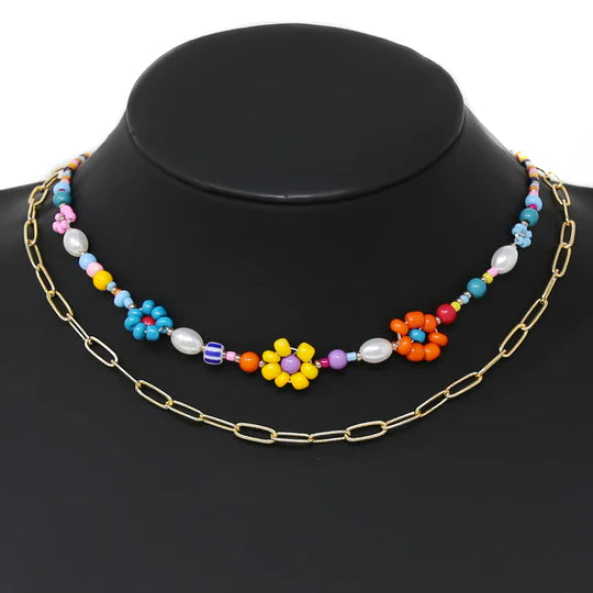 Flower Seed Beaded Layered Necklace