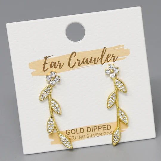 Flower And Leaf CZ Pave Gold Dipped Ear Crawlers