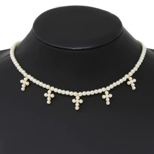 Pearl Cross Pendant Station Short Necklace