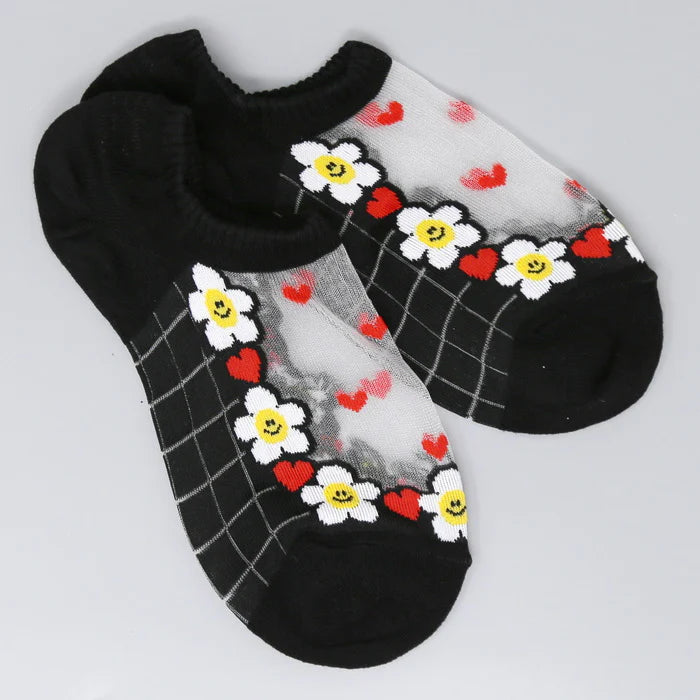 Heart And Flower Print Sheer No Show Cotton Socks
