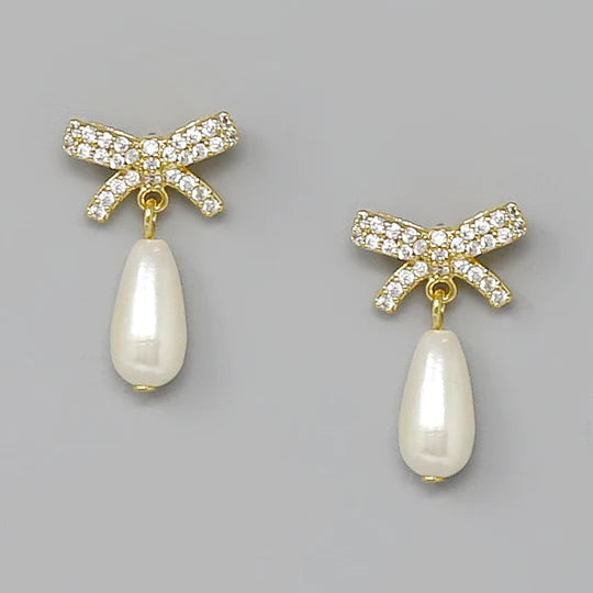 Bow CZ Pave Pearl Drop Earrings