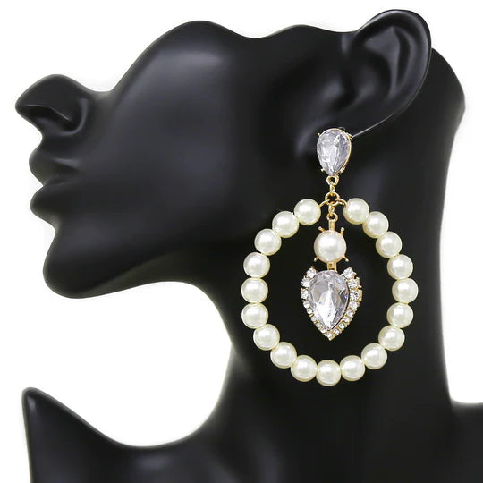 Glass Stone Dangle Pearl Beaded Hoop Earrings
