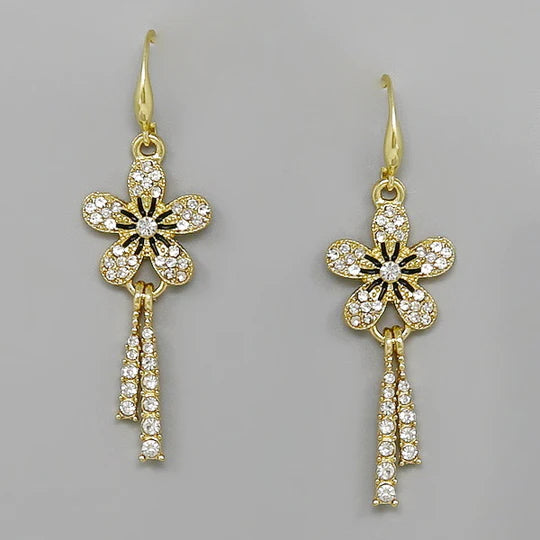 Flower Glass Stone Pave Drop Earrings