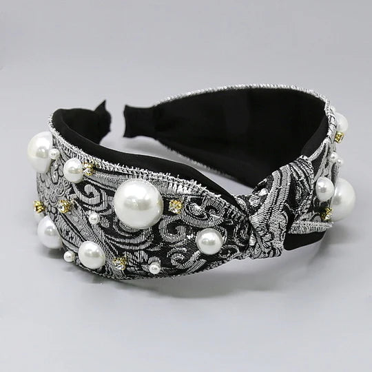 Pearl & Glass Stone Embellished Lace Headband