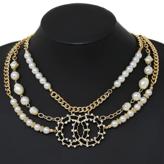 Interlocked Circle Pendant Pearl Beaded Multi Chain Necklace