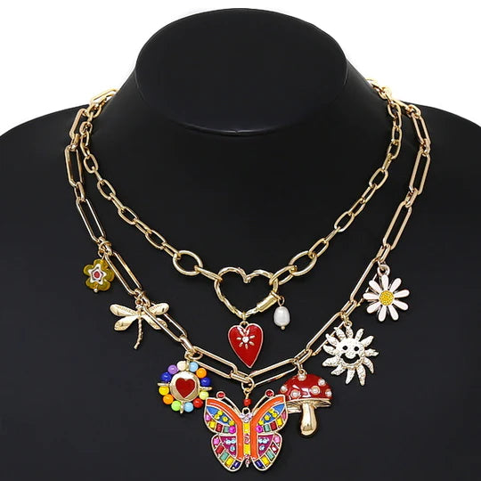 Butterfly / Mushroom / Heart / Sun / Flower Multi Charm Necklace Set