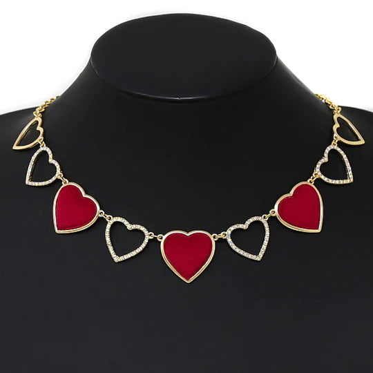 Glass Stone Pave & Padded Linked Heart Short Necklace