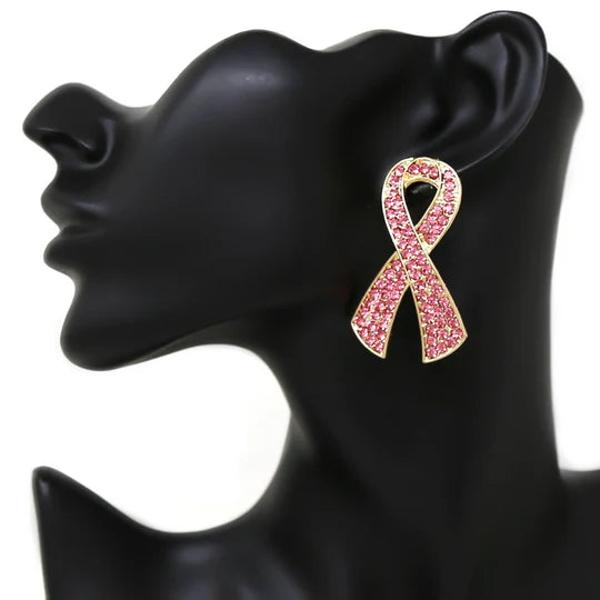 Pink Ribbon Rhinestone Pave Drop Earrings