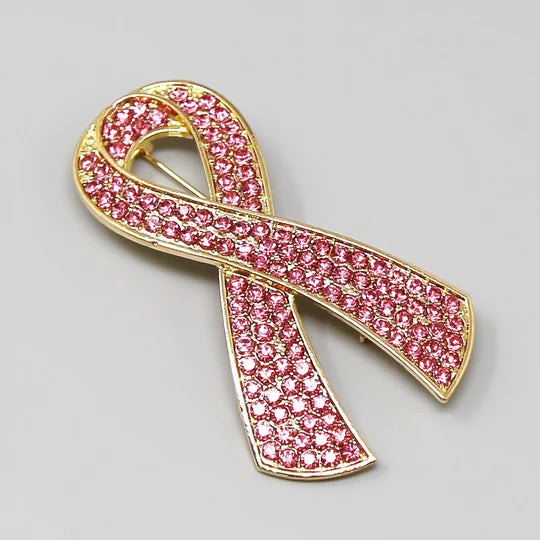 Pink Ribbon Glass Stone Embellished Brooch Pin